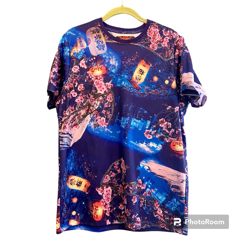 Fresh Prints of Japan Cherry Blossom Lantern Anime Blue Short Sleeve Shirt Sz M